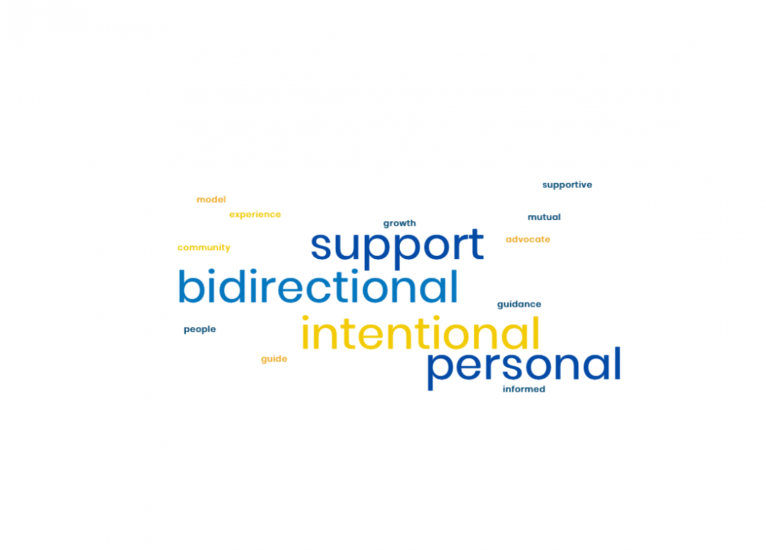 Mentoring word collage using words that evoke mentoring such as support, bidirectional, intentional, and personal