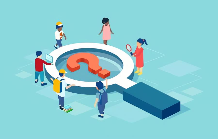 standing around the magnifying glass with question mark